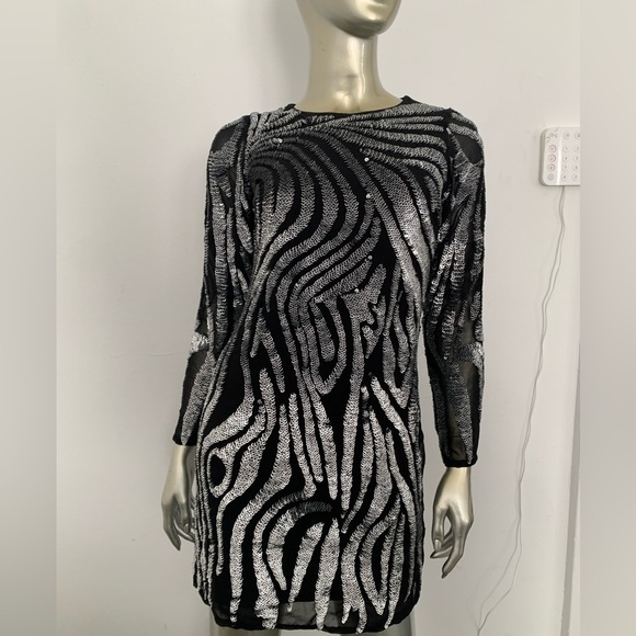 Black silver metallic Beaded sequin Dress long sleeve mini size 6 zebra print - Picture 2 of 11